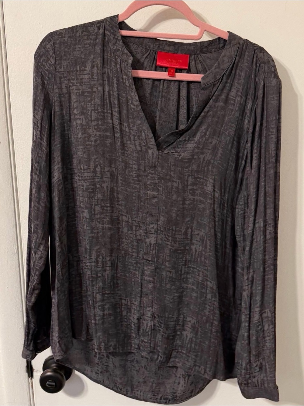Jennifer Lopez Charcoal Textured V-Neck Long-Sleeve Blouse